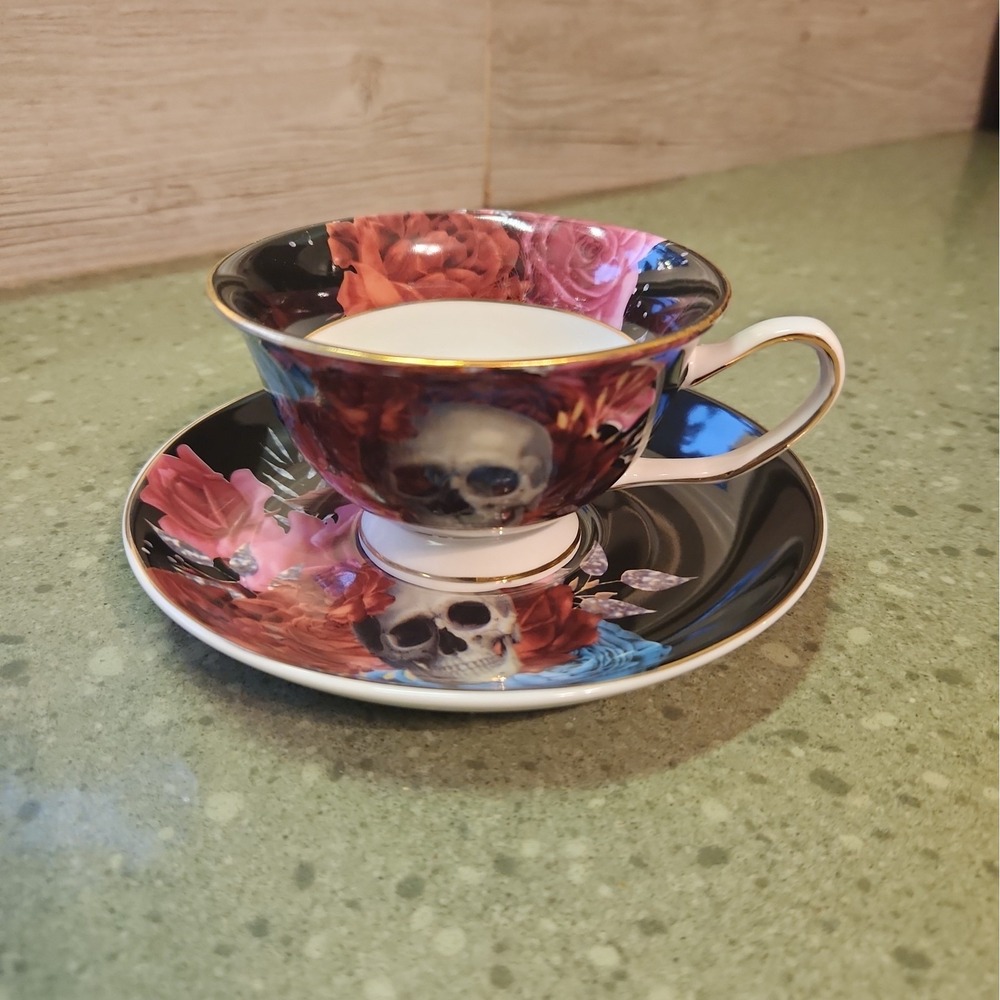 Grace Teaware Porcelain Tea Cup & Saucer Floral Skull Gothic Spooky Halloween